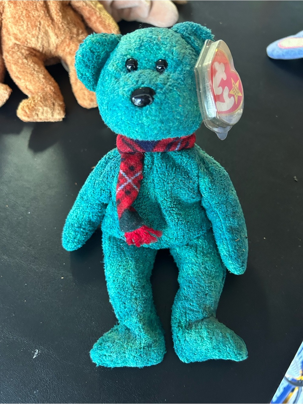 Ty WALLACE Teal Beanie Baby Bear with Red Plaid Scarf